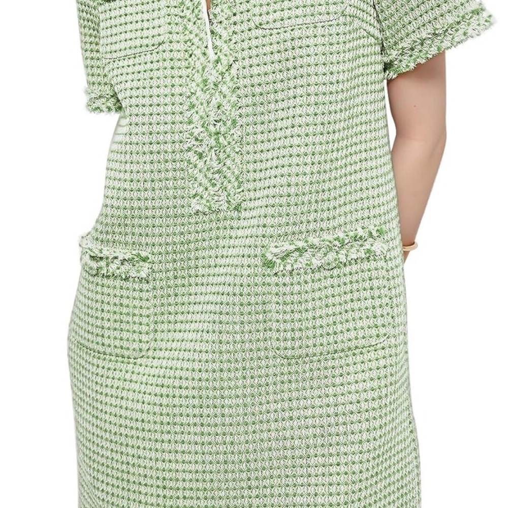 Textured Mini Dress in Light Green with Fringe Pocket Detail